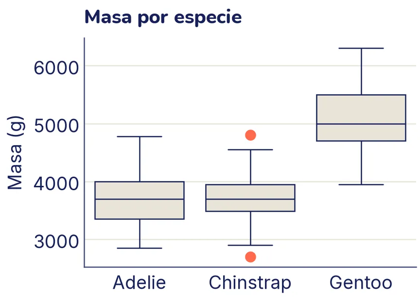Diagramas de caja de la masa de cada especie. Las cajas de Adelie y Chinstrap están entre 3300 y 4000 g; la de Gentoo, más arriba, entre 4700 y 5500 g. Dos puntos resaltados en Chinstrap marcan los atípicos: uno de 2700 g y otro de 4800 g.