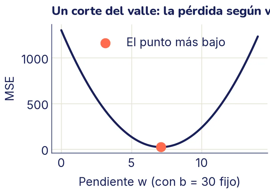 Una parábola que baja desde la izquierda, toca fondo cerca de w = 7 y vuelve a subir. El punto más bajo está resaltado.