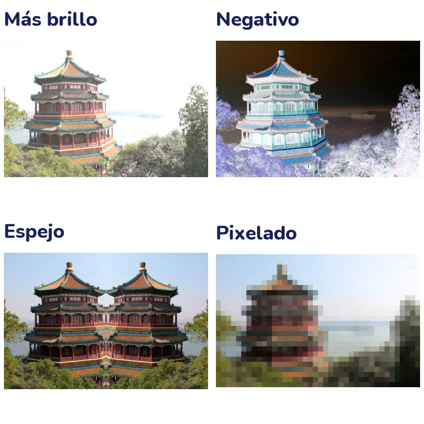 Cuatro versiones de la foto del templo: más clara, en negativo con los colores invertidos, con la mitad derecha reflejando la izquierda y pixelada en bloques de color de 16 × 16 píxeles.