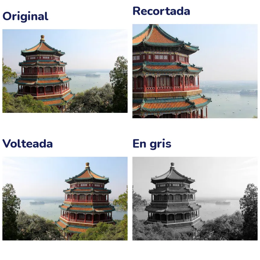 Cuatro versiones de la misma foto de un templo con techos de tejas entre árboles: la original, un recorte centrado en el edificio, la foto volteada como en un espejo y la foto en escala de grises.