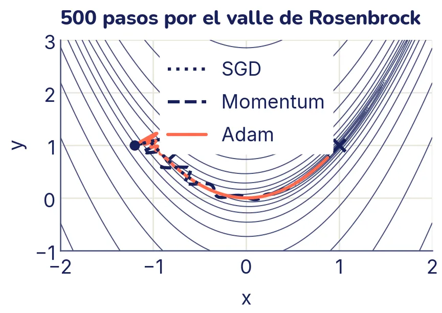 Curvas de nivel en forma de herradura alrededor de un valle curvo que pasa cerca de (0, 0) y sube hasta el mínimo, marcado con una cruz en (1, 1). Los tres caminos salen de (−1,2; 1). SGD, punteado, avanza poco por el fondo y se queda cerca de (−0,5; 0,3). Momentum, a rayas, zigzaguea al principio y llega casi a la cruz. Adam, resaltado, recorre el fondo del valle y queda cerca de (0,9; 0,8).